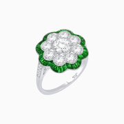 Vintage Style Floral Ring with Round Center Stone, Diamond Halo and French-Cut Gemstone Petals - Shahin Jewelry